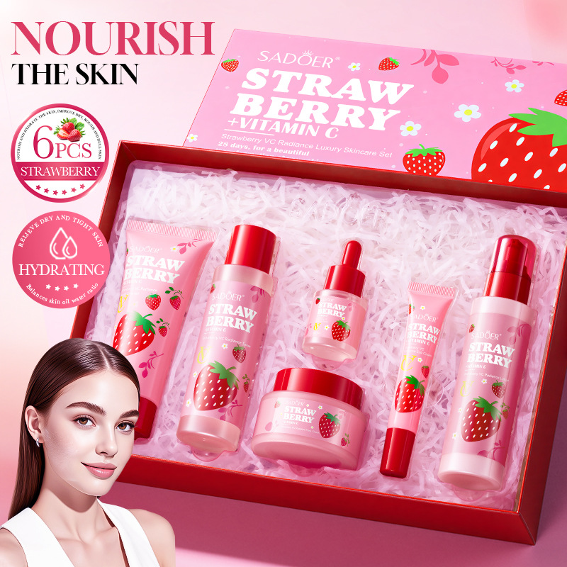 Luxury Skincare Gift Set For Women - ストロベリーVCブライトニングラグジュアリーケア6点フェイシャルスキンケアセット、優しい処方、なめらかな肌、女性への理想的なホリデーギフト