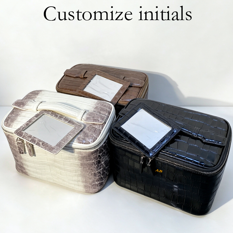 カスタムイニシャル入りレザー製ミラー付きメイクアップバッグ  - Luxury Skincare Packaging Wholesale のレビューと価格